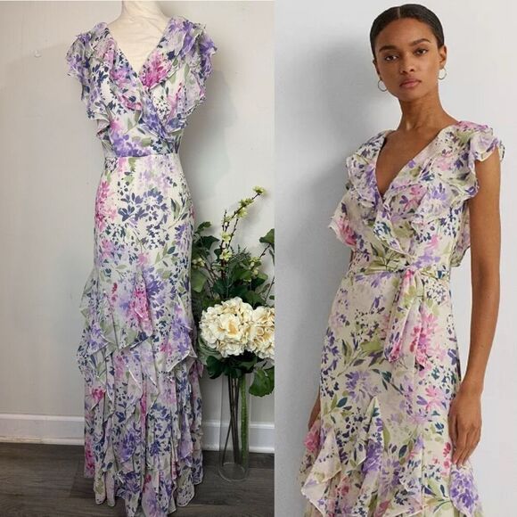 Lauren Ralph Lauren Ruffled Floral Watercolor Maxi Dress | Size 8 - Picture 1 of 12